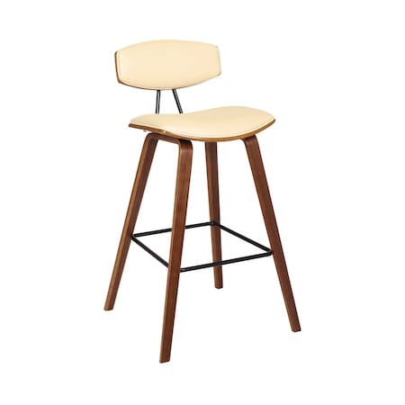 Armen Living Fox 28.5" Bar Height Cream Faux Leather and Walnut Wood Mid-Century Modern Bar Stool LCFOBAWACR30